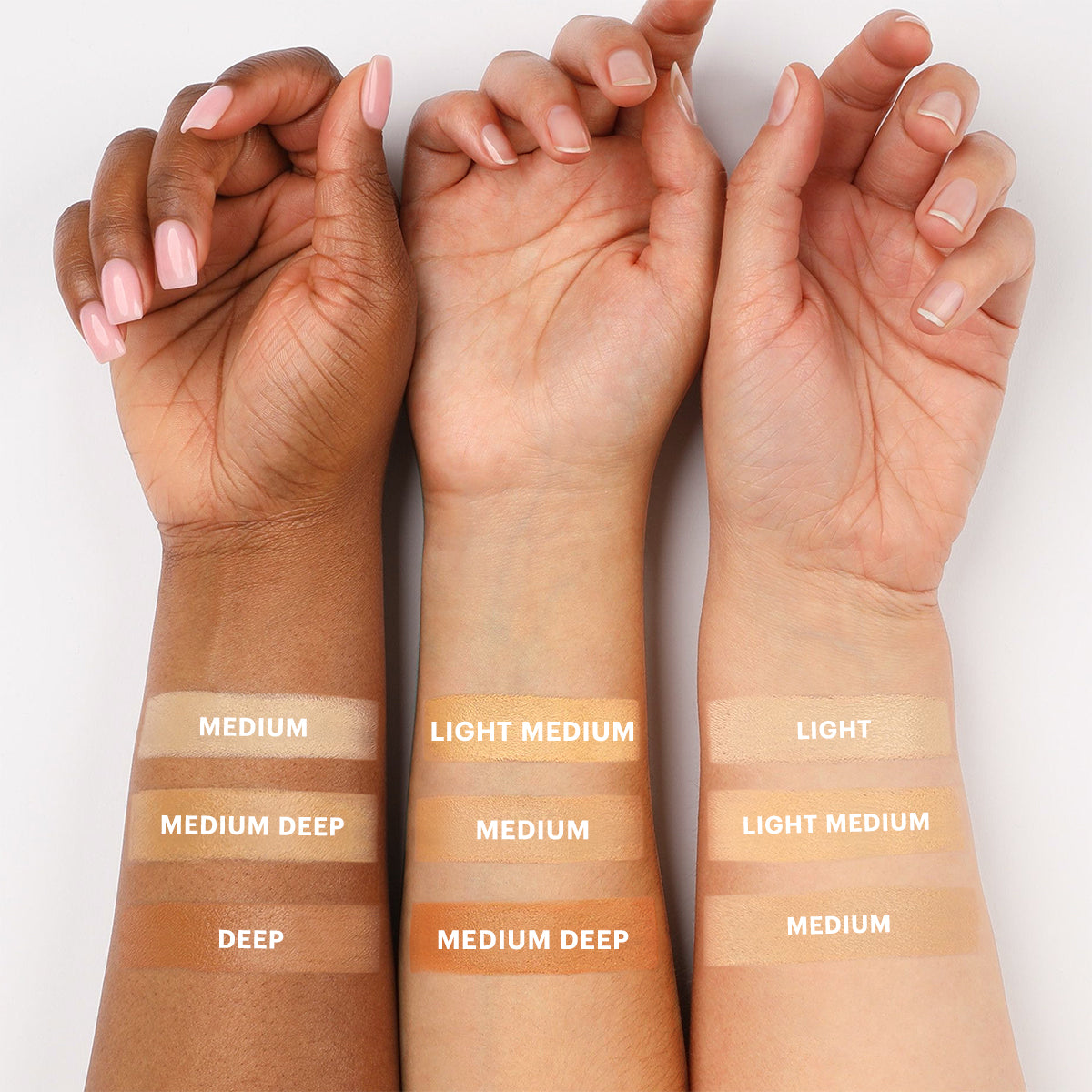 Three forearms showing concealer swatches labeled LIGHT, LIGHT MEDIUM, MEDIUM, MEDIUM DEEP, DEEP.