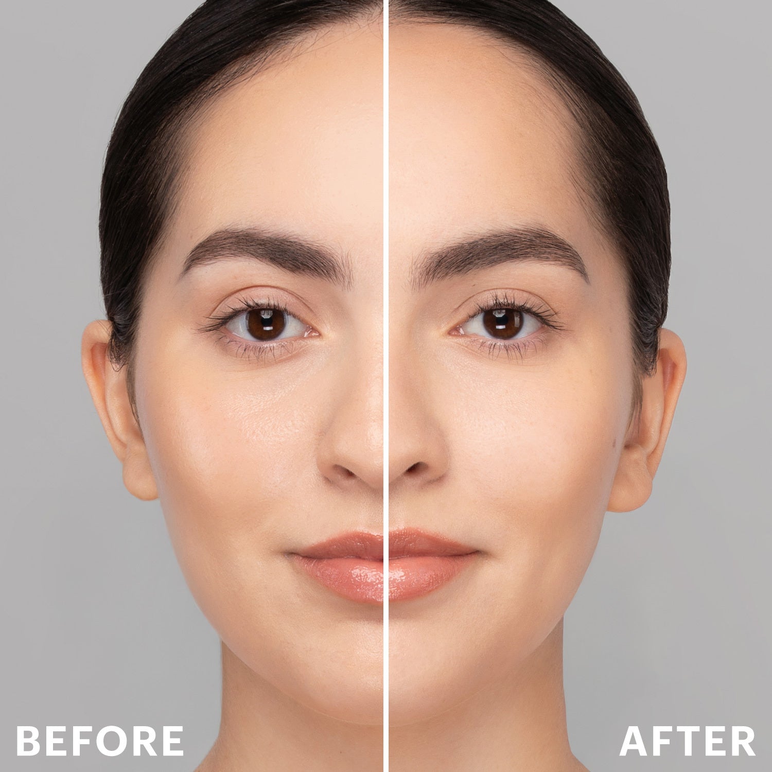 Woman's face split showing before and after applying Luminous Setting Powder