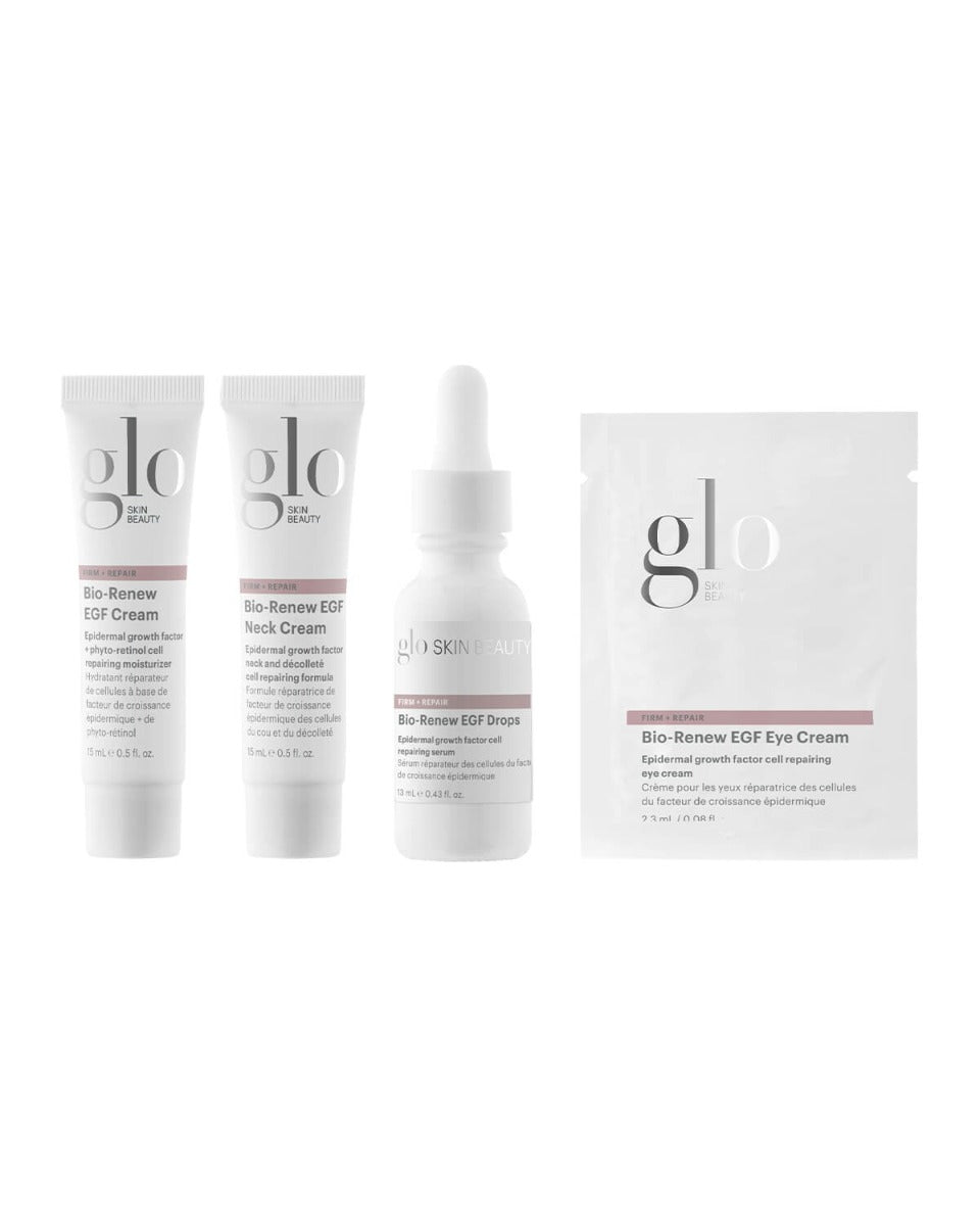 Four skincare products from glo skin beauty: Bio-Renew EGF Cream, Bio-Renew EGF Neck Cream, Bio-Renew EGF Drops, Bio-Renew EGF Eye Cream